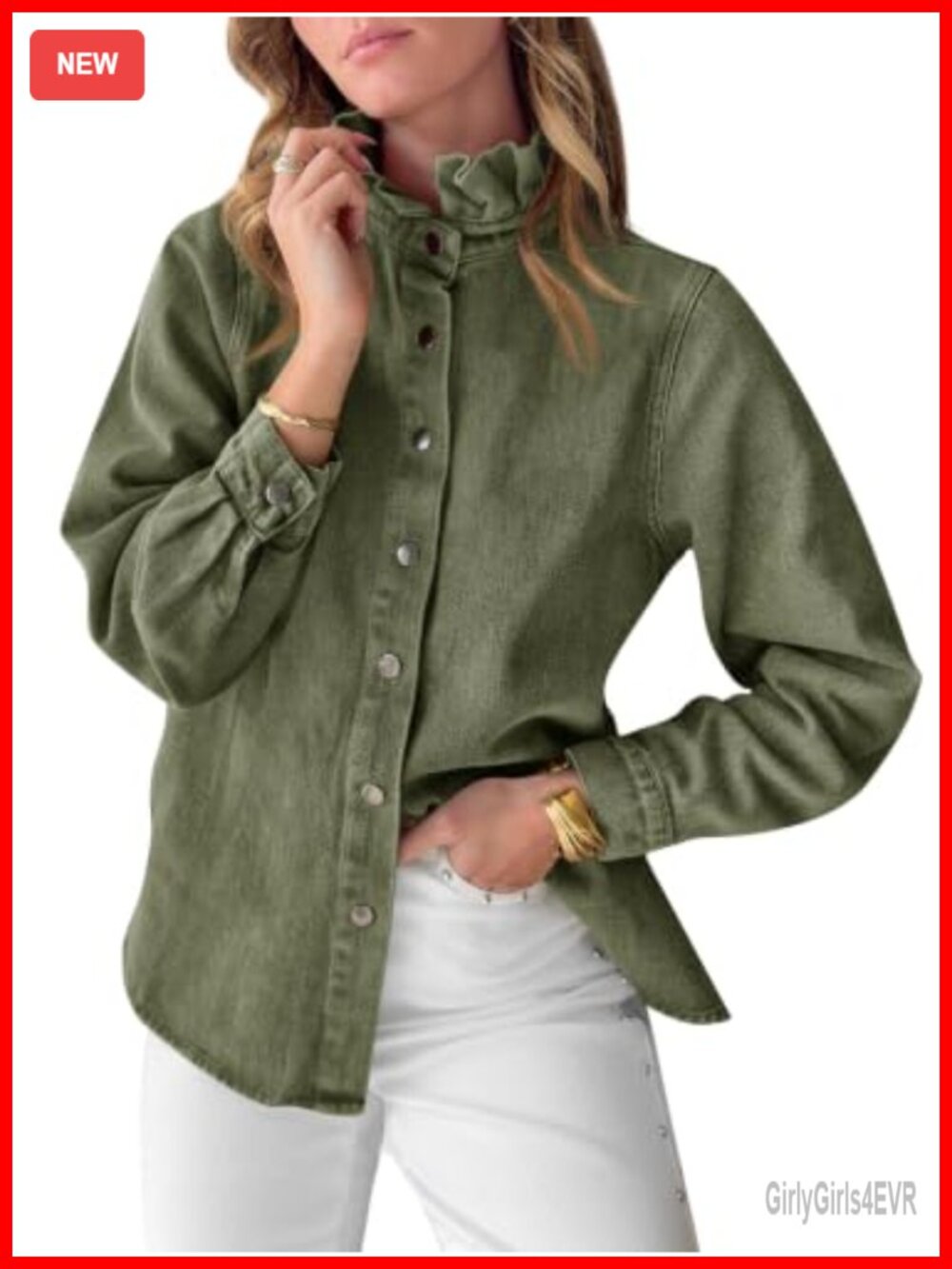 Womens Denim Button Down Shirt Ruffle Collar Long Sleeve Blouse